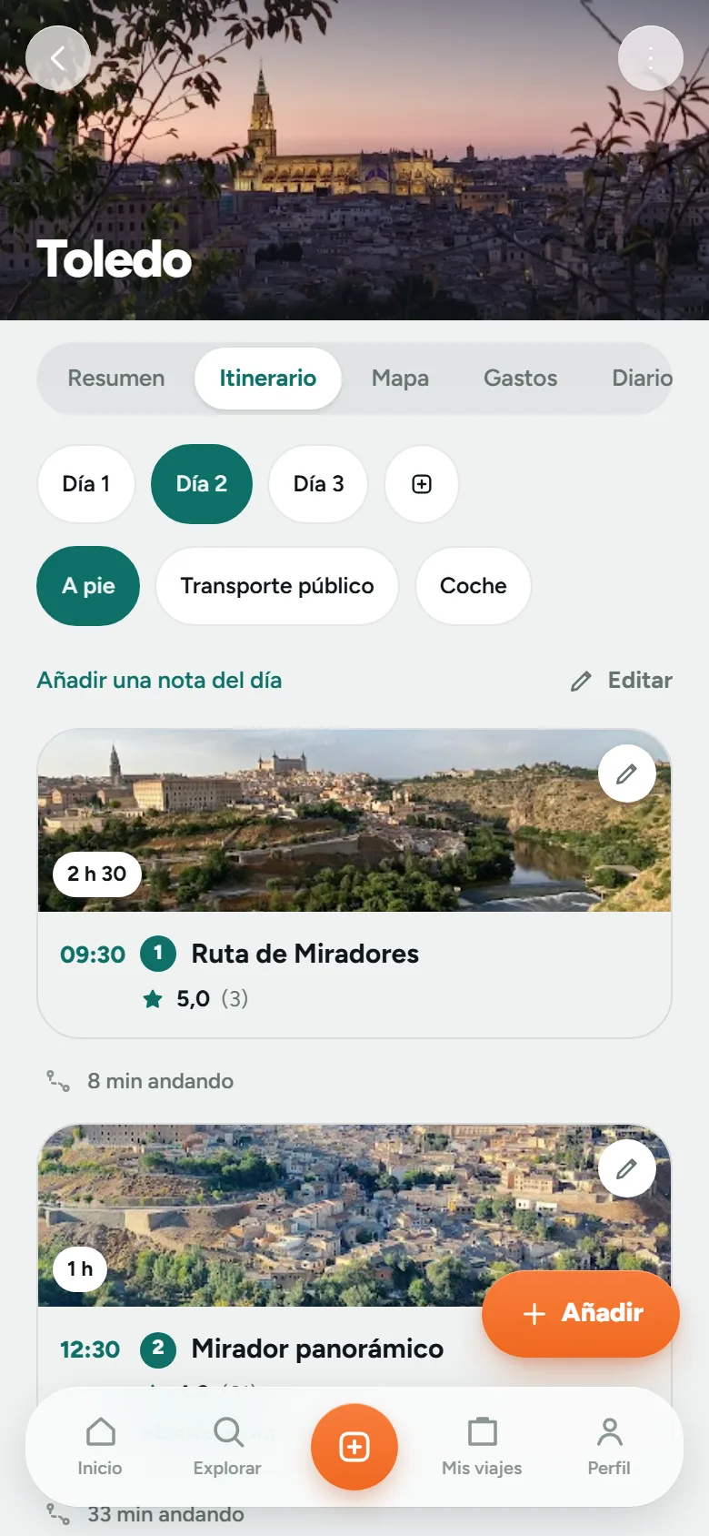 Pantalla de Weekéalo con el itinerario de una escapada a Toledo