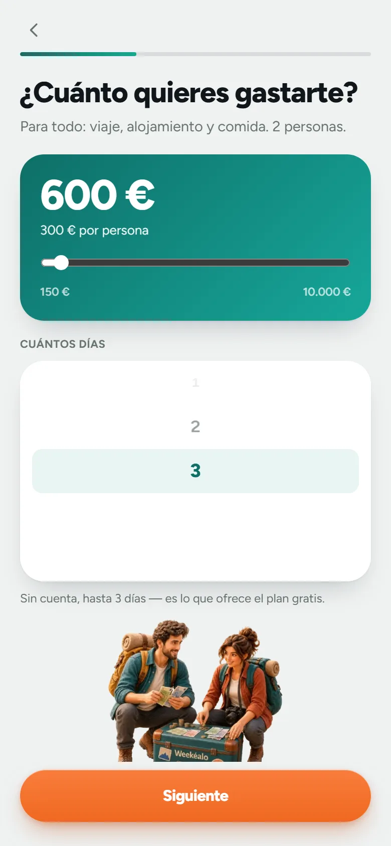 Pantalla de Weekéalo con el presupuesto de 600 € para tres días