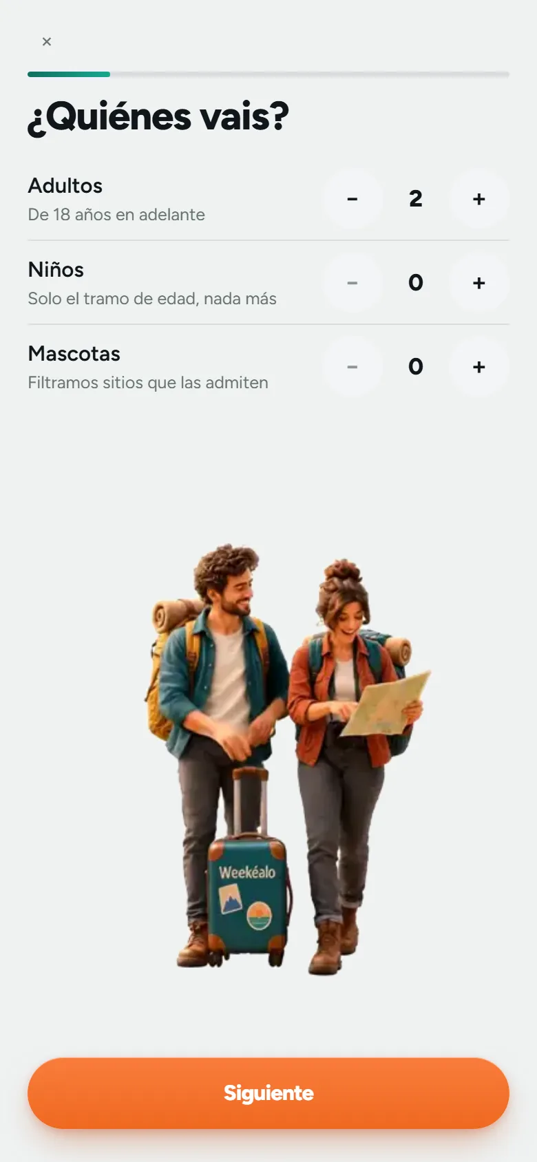 Pantalla de Weekéalo preguntando quiénes vais de viaje