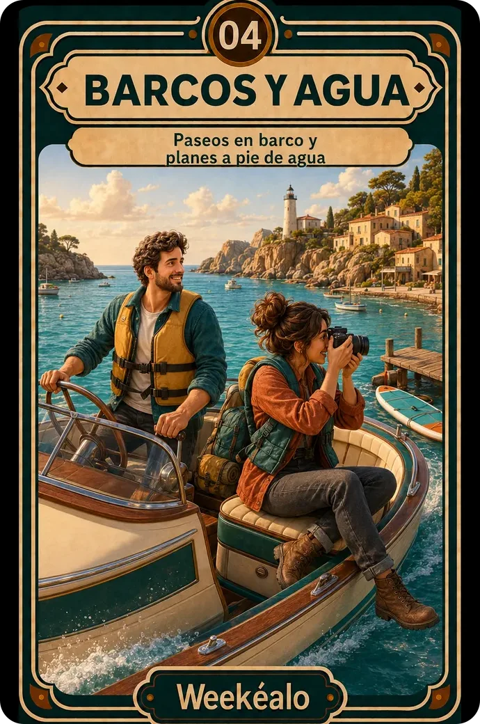 La carta de barcas y agua del mazo de Weekéalo, con una barca en un río tranquilo