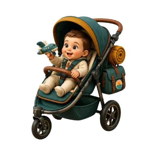 Un bebé sonriente en su carrito todoterreno de expedición, con un avión de juguete en la mano