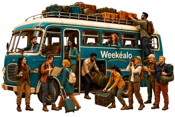 El autobús de Weekéalo a tope, con los doce amigos cargando maletas