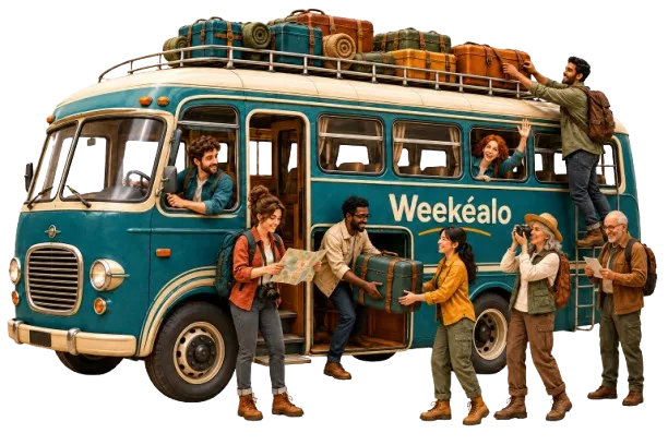 La familia entera carga el autobús de Weekéalo, de los abuelos a los nietos