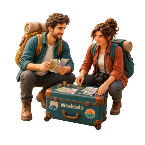 Teo y Vera cuentan sus billetes y monedas encima de la maleta