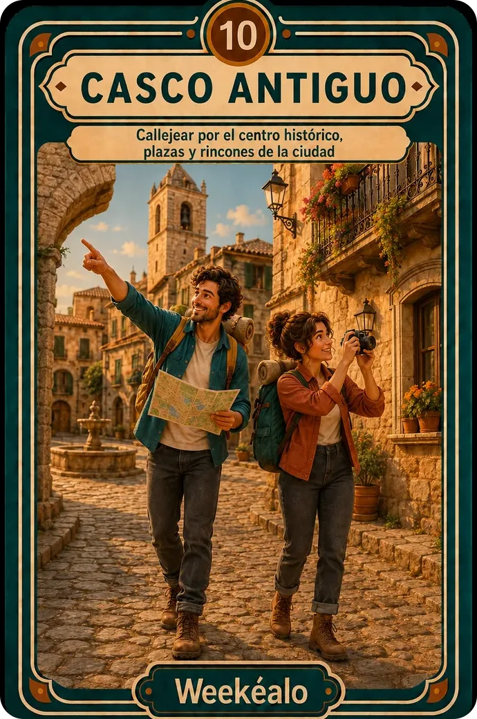 La carta de casco antiguo del mazo de Weekéalo, con una calle empedrada al atardecer