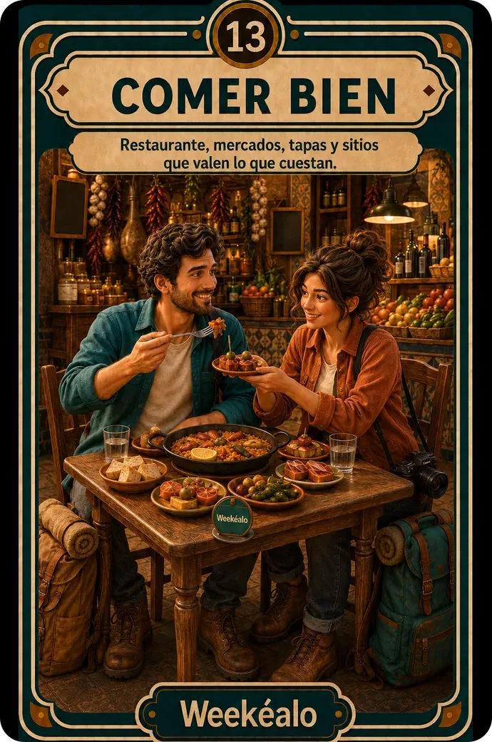 La carta de comer bien del mazo de Weekéalo, con una mesa puesta de las buenas