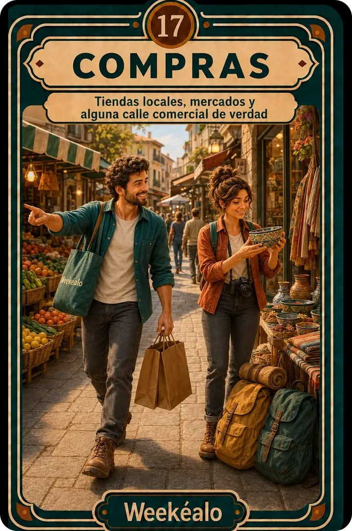 La carta de compras del mazo de Weekéalo, con escaparates y bolsas