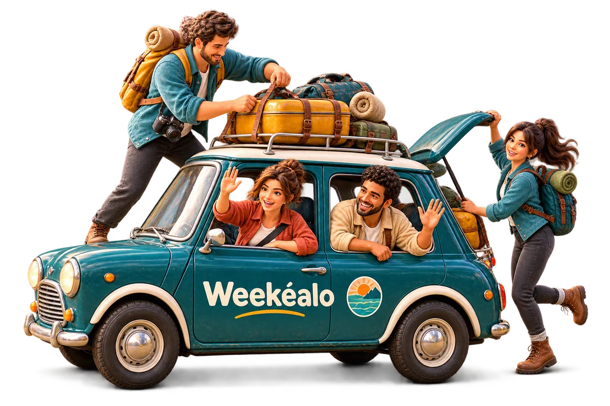 El coche pequeño de Weekéalo cargado de maletas, saliendo de viaje