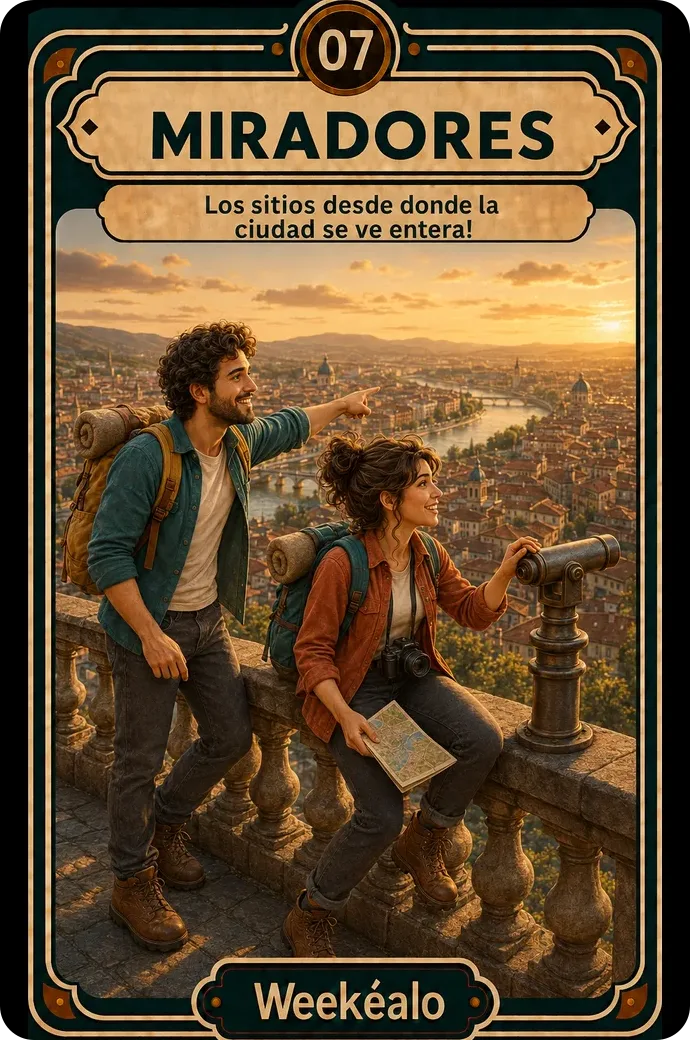 La carta de miradores del mazo de Weekéalo, con Teo y Vera contemplando un valle al atardecer