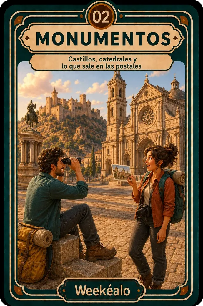 La carta de monumentos del mazo de Weekéalo, con un castillo iluminado por la tarde