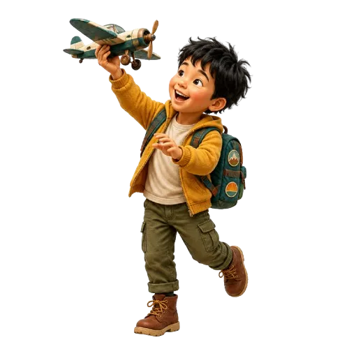 Leo, un niño con mochila de expedición, hace volar su avión de juguete