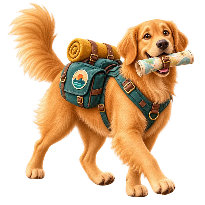 Sol, un golden retriever con alforjas y un mapa enrollado en la boca, listo para viajar