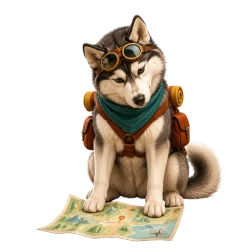 Nube, un husky con gafas de aviador en la frente, estudia con seriedad un mapa en el suelo