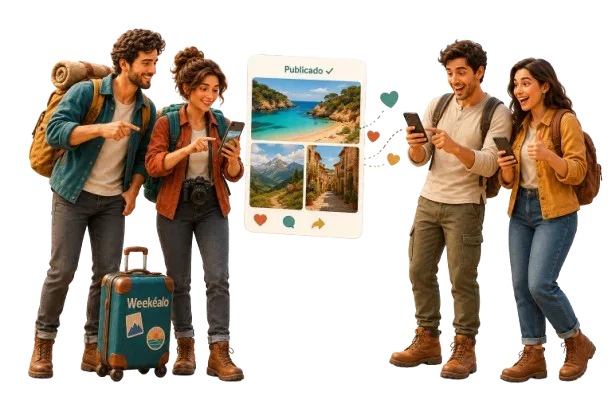 La guía publicada de Teo y Vera, con sus fotos, y otra pareja descubriéndola encantada en sus móviles