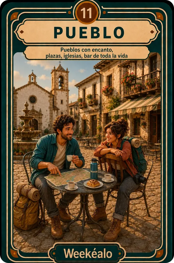 La carta de pueblos del mazo de Weekéalo, con un pueblo de piedra encaramado al monte