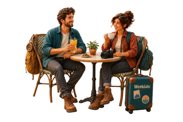 Teo y Vera sentados en una terraza tranquila, con un zumo, un café y la maleta de Weekéalo al lado