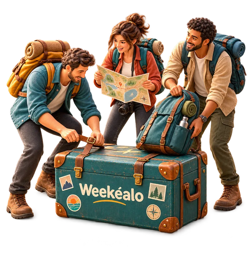 Tres amigos preparan un gran baúl de viaje de Weekéalo