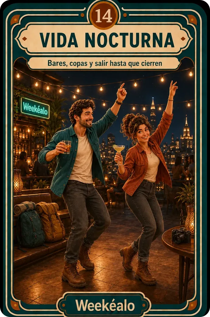 La carta de vida nocturna del mazo de Weekéalo, con luces de neón y una calle animada