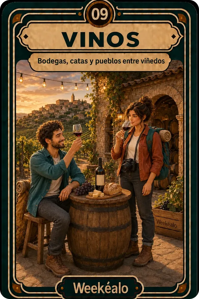 La carta de vinos del mazo de Weekéalo, con copas y barricas de bodega